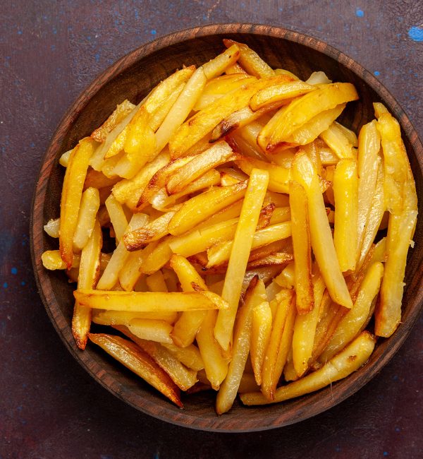 top view fried potatoes tasty french fries inside plate on dark background food meal vegetable dinner dish ingredients product